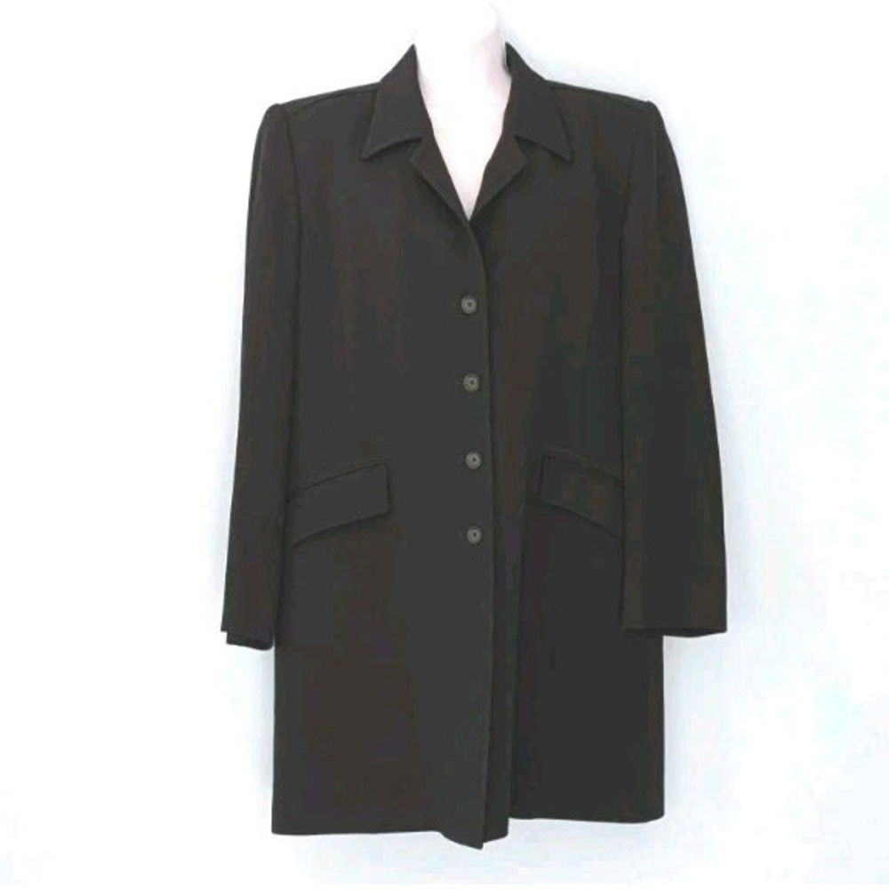Vintage Linda Allard Ellen Tracy Wool Coat Women's 14 Black Button Up 36" Long